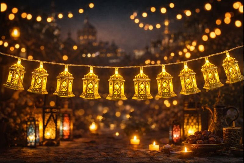 Guirlande Lumineuse Ramadan – 2 m – 10 Lumières - سلسلة إضاءة رمضان – فوانيس وهلال ونجوم – 2 متر – 10 أضواء
