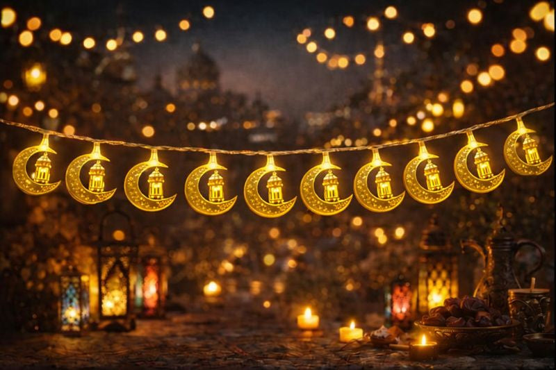 Guirlande Lumineuse Ramadan – 2 m – 10 Lumières - سلسلة إضاءة رمضان – فوانيس وهلال ونجوم – 2 متر – 10 أضواء